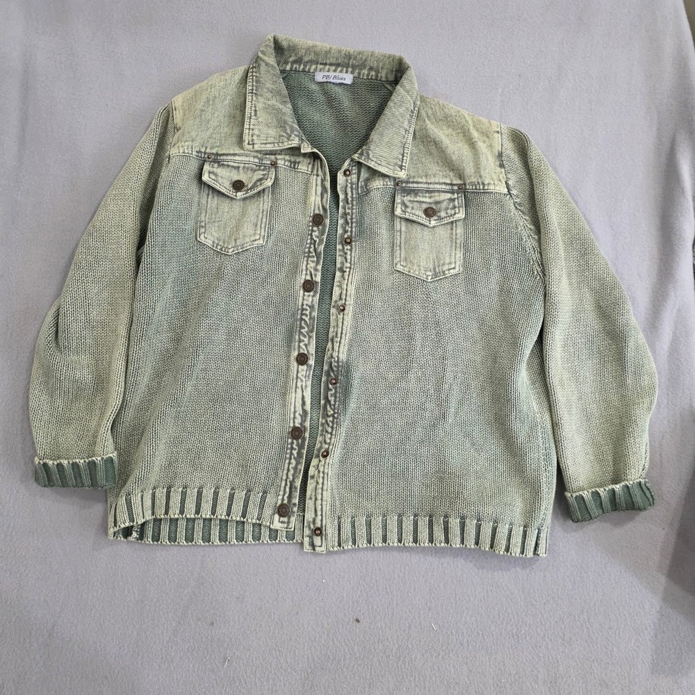 PBJ Blues Vintage Knit Denim Jacket Sage Green Ramie Cotton Cardigan Large L